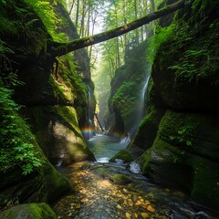 Serene Mountain Gorge Waterfall.