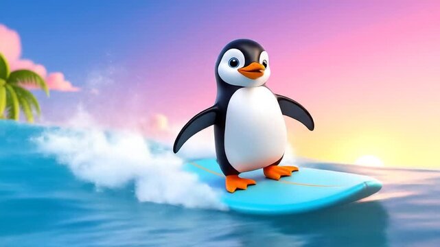 Cartoon penguin surfing ocean wave sunset.