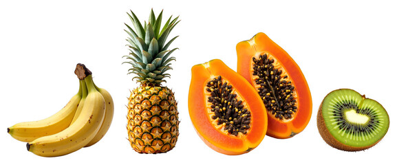 Tropical Fruit Collection – Fresh Sliced Papaya, Pineapple, Bananas, and Kiwi for Culinary Blogs and Healthy Lifestyle Designs