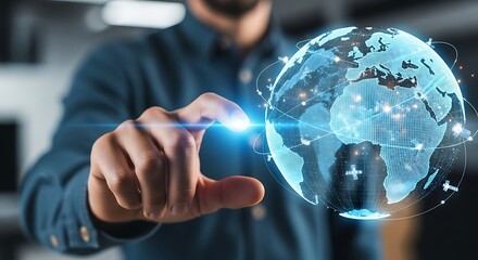 Global Technology Network - Man Interacting with Digital Earth Hologram.