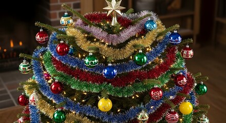 Vibrant Retro Christmas Tree with Tinsel and Ornaments