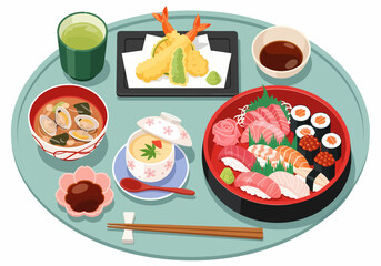 A vibrant vector illustration captures a complete Japanese teishoku set meal, featuring a deluxe platter of sushi and sashimi, alongside tempura, chawanmushi, and clam miso soup