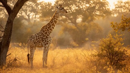 Fototapeta premium Giraffe at sunset in African savanna during golden hour wildlife scene