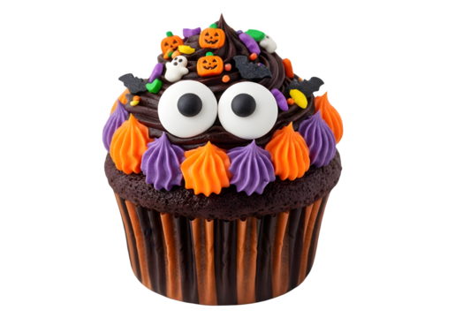 Funny halloween cupcake with candy eyes and colorful frosting isolated on transparent background