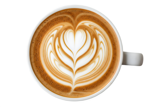 Overhead view of a latte with beautiful tulip latte art isolated on transparent background