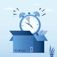Opened cardboard box with alarm clock. Deadline concept. Countdown, fast delivery, shipment. Ecommerce technology, delivery concept. Fast shipping.