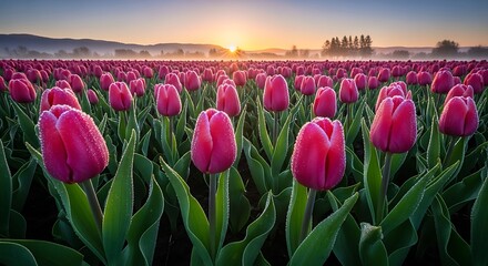 Crimson Tulips in Full Bloom at Sunrise - A Floral Symphony.