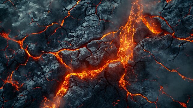 Volcanic eruption texture with glowing lava cracks and smoke