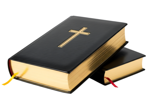 Two closed bibles with gold gilded pages on transparent background