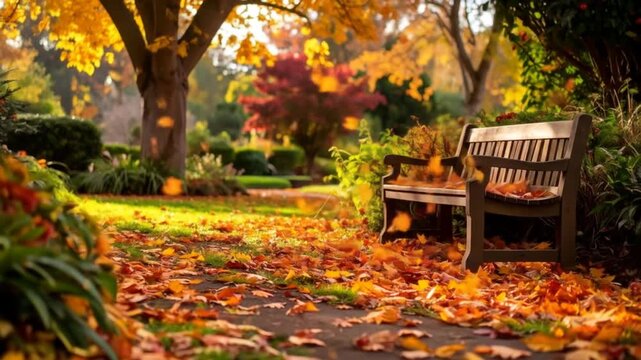 A park scene in autumn with falling leaves, a wooden bench, and vibrant foliage in the background