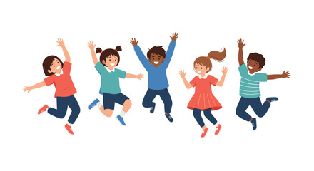 A diverse group of happy children, boys and girls, jumping together with arms in the air, expressing joy and energy.