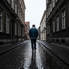 Solitary Figure Walking Down a Narrow City Street.