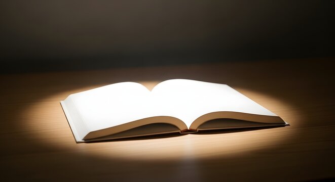Open book on table illuminated by light for reading studying knowledge and education concept photo
