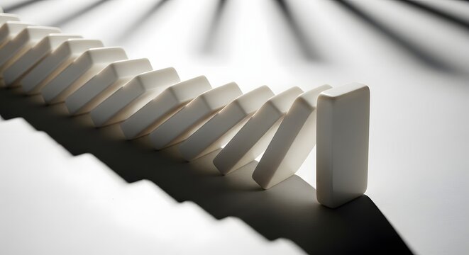 Domino effect falling strategy business risk management success failure chain reaction white background concept