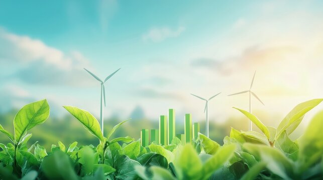 Green growth economy with renewable energy wind turbines and a rising financial bar chart - Powered by Adobe