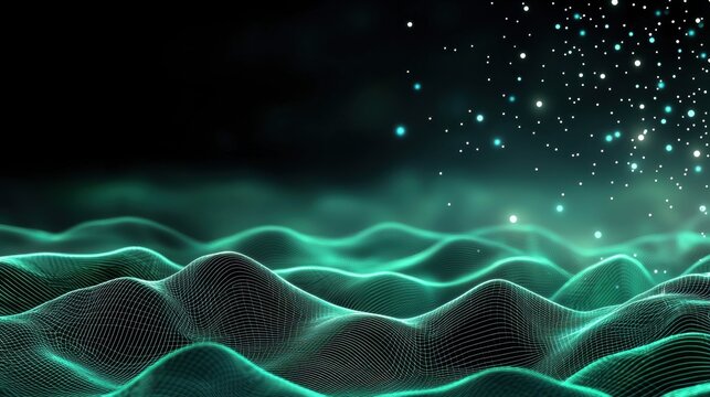 Green geometric futuristic design with digital wireframe structures glowing against a dark backdrop