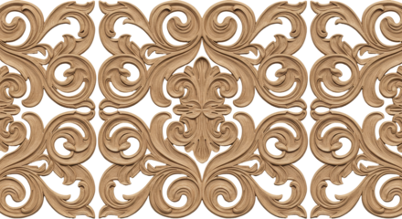 Ornamental Wood Carvings: An exquisite display of intricate wood carvings showcases a repeating pattern of ornate flourishes and detailed floral motifs, exemplifying the artistry of craftsmanship.