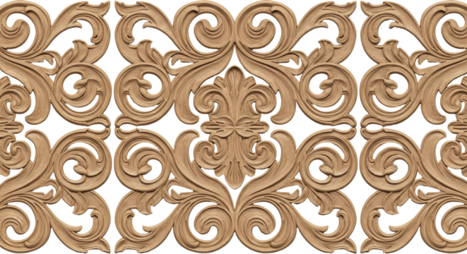 Ornamental Wood Carvings: An exquisite display of intricate wood carvings showcases a repeating pattern of ornate flourishes and detailed floral motifs, exemplifying the artistry of craftsmanship.