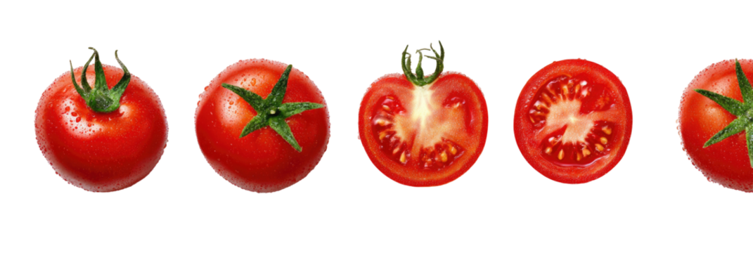 Whole and halved tomatoes, a graphic display of a vegetable