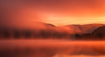 Serene landscape view of a lake with fog and hills bathed in warm orange light at sunrise or sunset ai generated