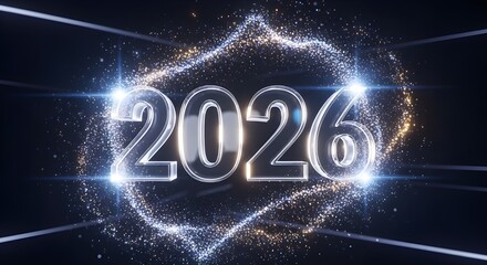 Bright 2026 digital countdown animation with glowing particle effects and futuristic background loop