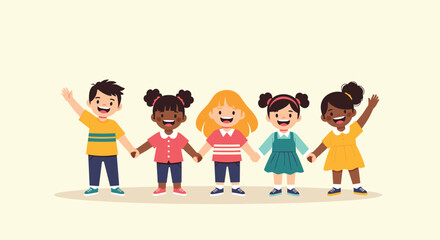 Happy group of diverse young children holding hands and smiling, celebrating friendship, unity, and inclusion.