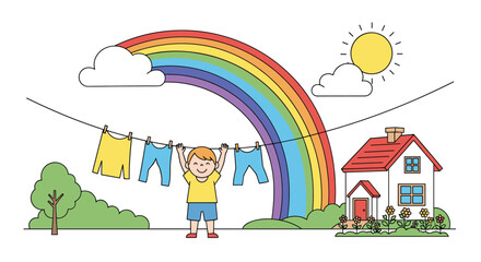 Obraz premium Happy boy hanging freshly washed laundry on a clothesline outdoors under a vibrant rainbow and bright sun with a house in the background.