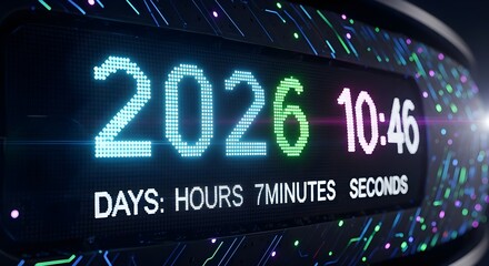 Digital countdown timer animation showing 2026 new year celebration with futuristic interface and blue neon lights