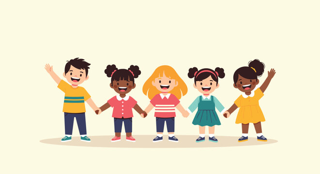 Happy group of diverse young children holding hands and smiling, celebrating friendship, unity, and inclusion.