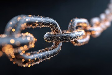 Futuristic chain element showcasing glowing mesh textures for digital design, highlighting abstract connections in virtual environments with vibrant details on a dark background