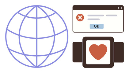 Globe representing internet, popup error screen with confirmation, and a heart image in a frame. Ideal for communication, love, technology, error, global reach, digital interaction connection simple