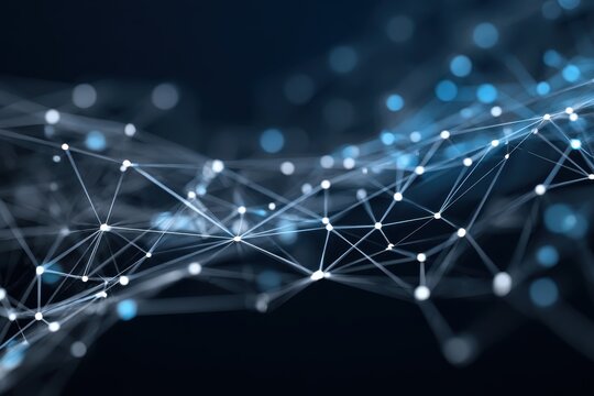 Abstract network graphic with intersecting lines and nodes against a dark background, featuring white and blue dots that symbolize connectivity and advanced technology in digital communication