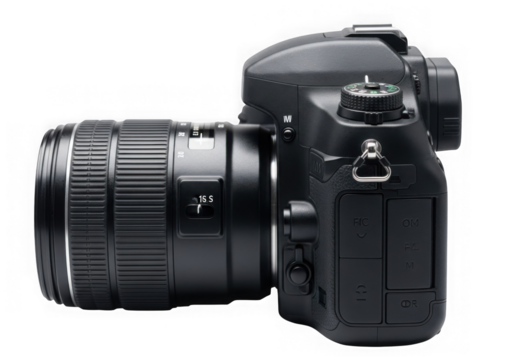 Professional dslr camera with lens isolated on transparent background