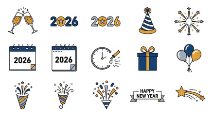 This is a collection of fifteen vector icons themed around New Year's Eve 2026. Key symbols include toasting champagne glasses, the number 2026 with a star accent, party hats, fireworks, calendars.