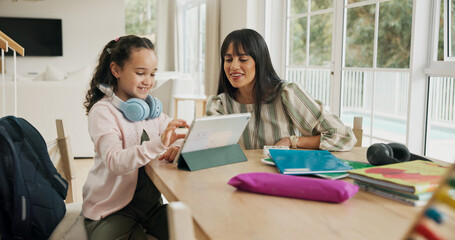 Education, homework or tablet with mother and daughter in home living room for study assignment. App, learning or technology with girl child and single parent woman in apartment for school project