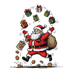 Joyful Santa's Delivery: A jovial Santa Claus joyfully juggles presents and cookies, embodying the spirit of Christmas, surrounded by gifts.
