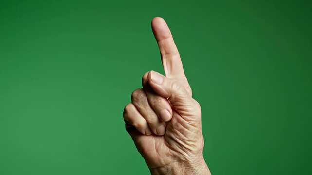 Senior Hand Pointing Finger Up and Tapping on Green Screen Background