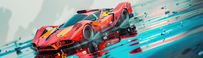Obraz premium 3D rendering of a pop art-inspired futuristic vehicle, integrating bold colors, geometric shapes, and imaginative design elements to create a striking and unique visual
