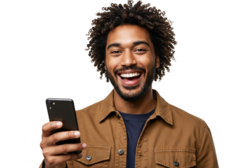 Man with curly hair laughing while holding a smartphone isolated on transparent background