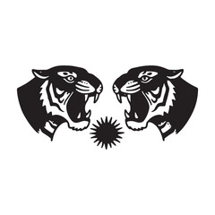 Two Roaring Tiger Heads Facing Star Symbol Vintage Illustration.