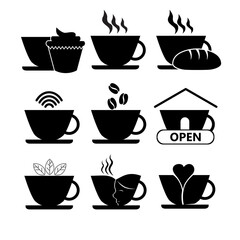 Coffee cups and beans silhouette vector illustration