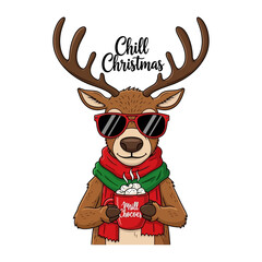 Chill Christmas Reindeer: A charming illustration depicts a reindeer embracing the festive spirit, donning stylish sunglasses and a cozy scarf, while holding a mug of warm drink.