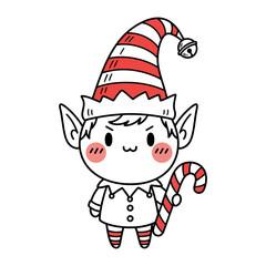 Festive Holiday Elf: An adorable cartoon elf, brimming with holiday cheer, dons a classic striped hat and holds a candy cane, embodying the spirit of Christmas.