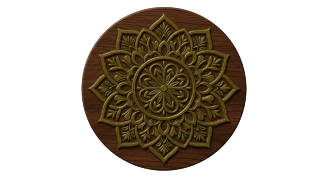 Exquisite Mandala Art: A captivating gold-toned mandala art piece, intricately carved onto a rich wooden surface, radiates serenity and spiritual depth. 