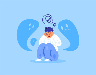 The concept of schizophrenia. A mental health disorder. Hallucinations, delusions, and chaotic confusion. Illustration of a man sitting feeling scared and anxious, afraid of a shadowy monster. Flat