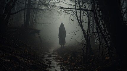 Spooky silhouette in misty dark woods.