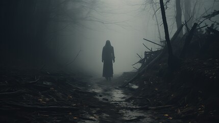 Mysterious figure walking through foggy forest.