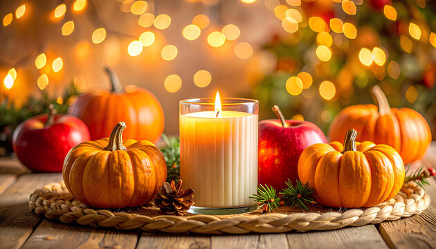 Thanksgiving dinner table setting with pumpkins candle and apple on rustic background. autumn still life