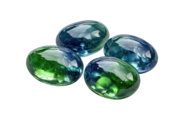Four translucent, oval-shaped glass gems in shades of blue and green