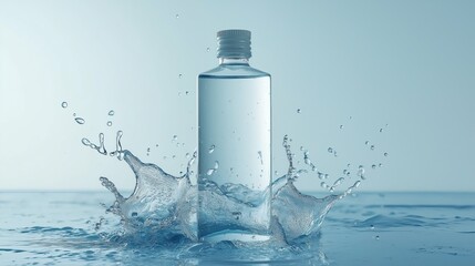 Splashing water around transparent plastic bottle.